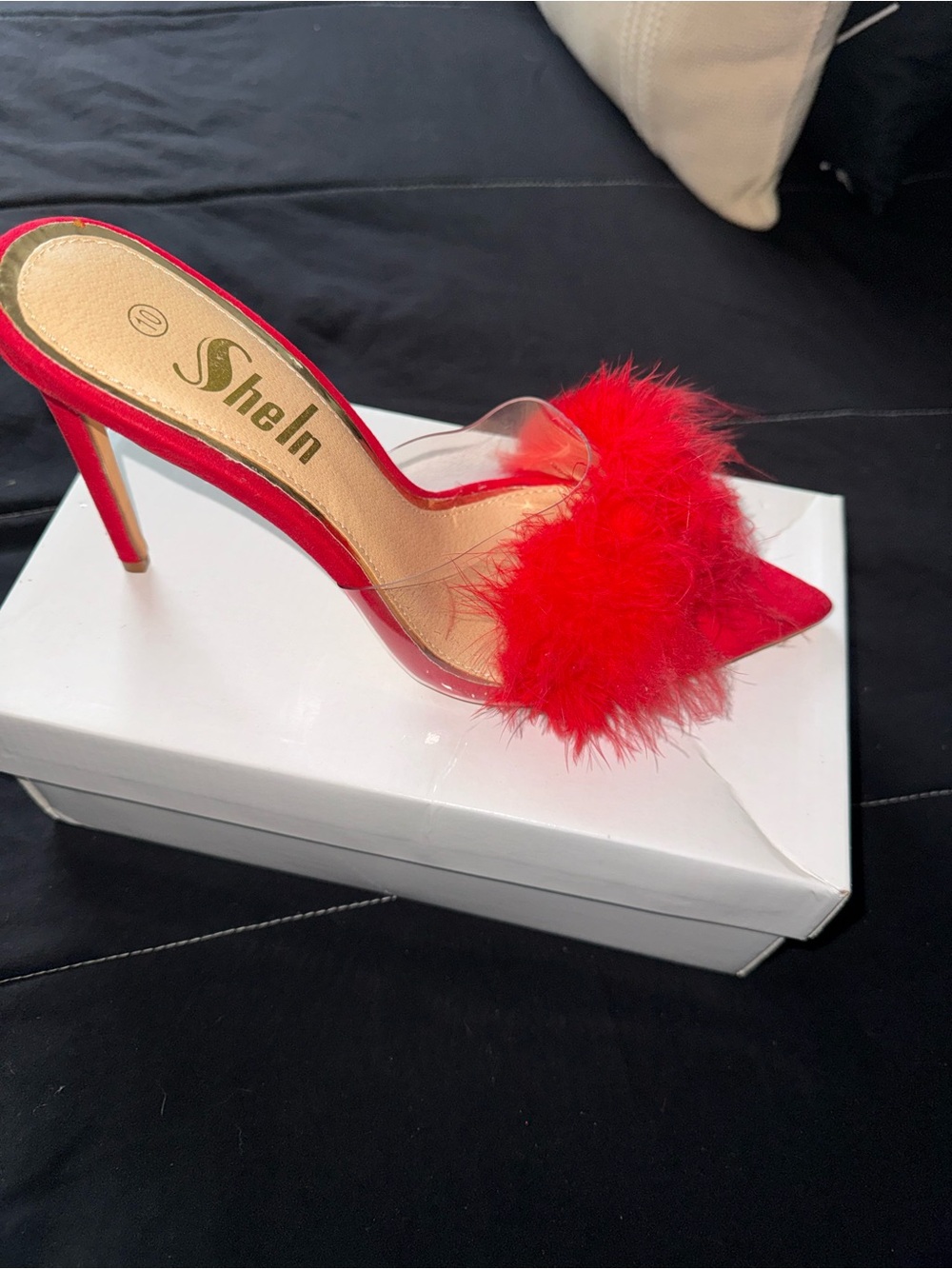 SHEIN Red Feathered Clear Strap Stiletto Mule